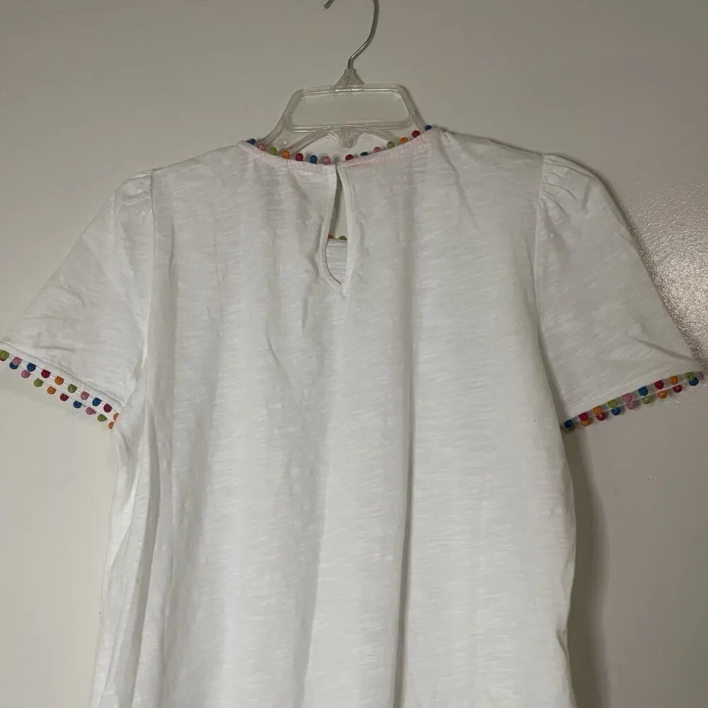 BODEN Ali Puff Sleeve Pom white cotton T-Shirt US 4